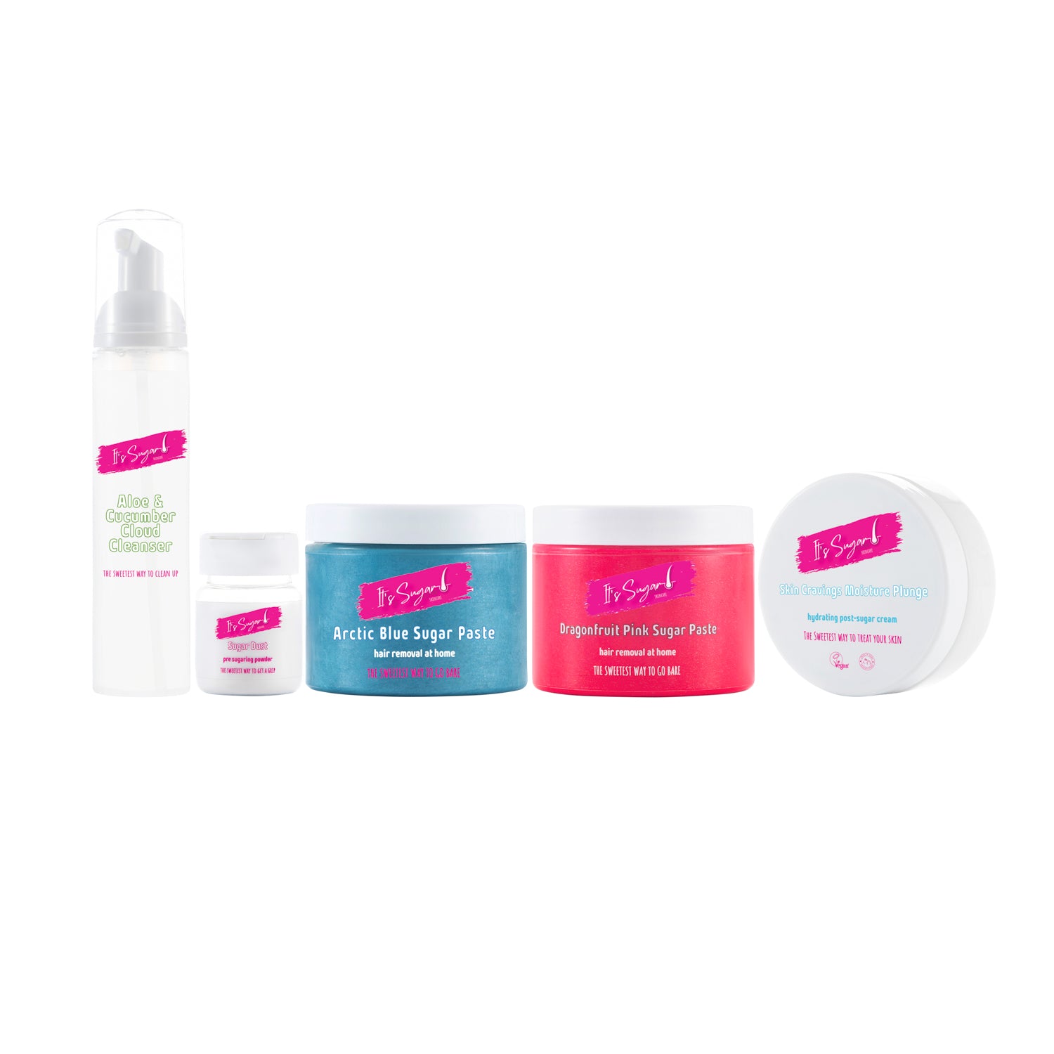 Collection of It's Sugar! skin care hair removal products with visible brand logo on a white background
