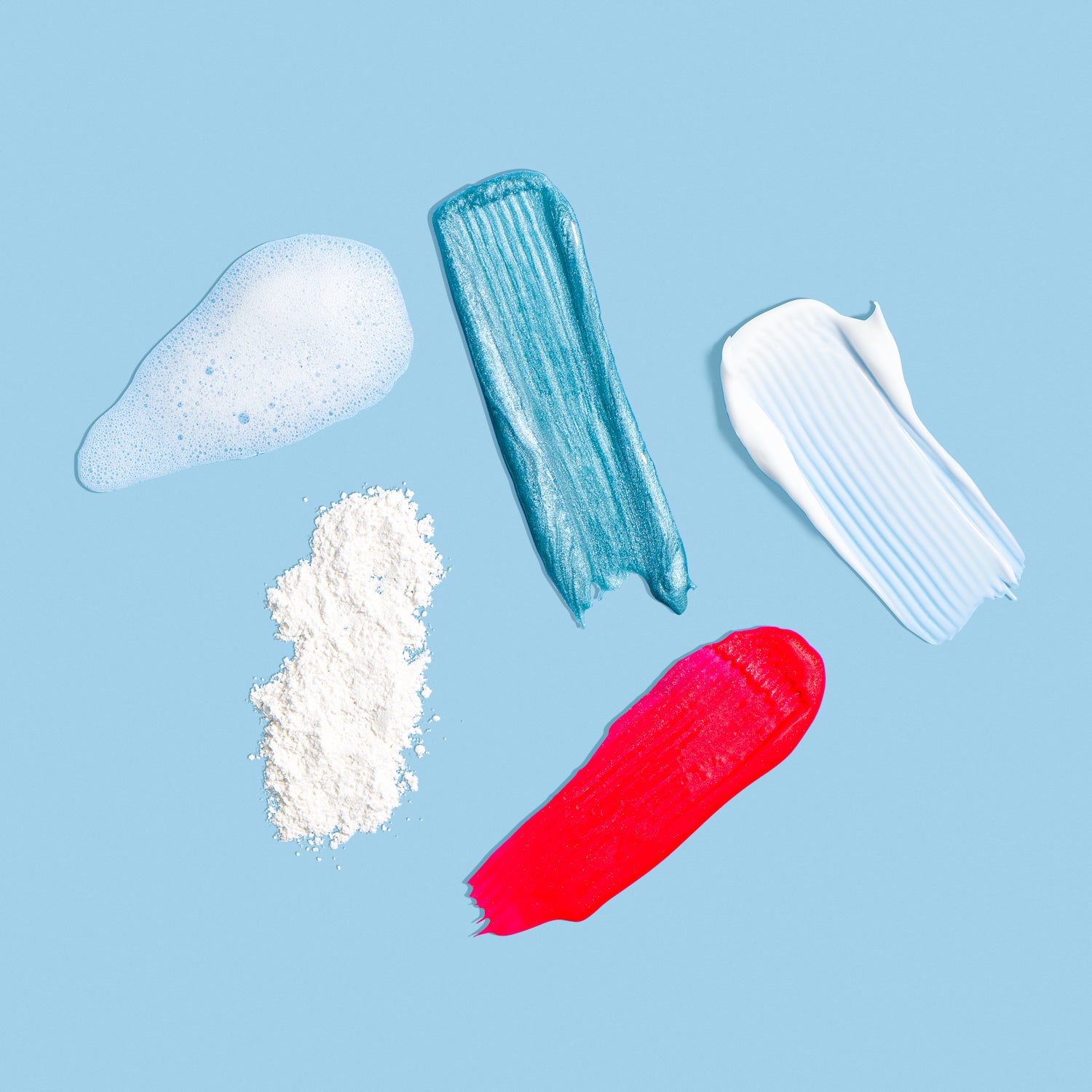 Pale blue background with 5 product texture swatches