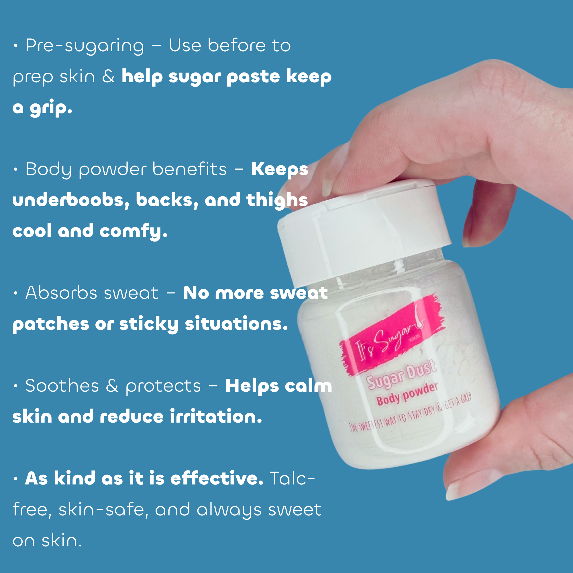Hand holding a jar of Sugar Dust body powder with text on a blue background