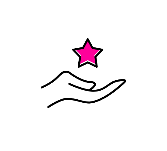 Outline of a hand holding a pink star on a white background