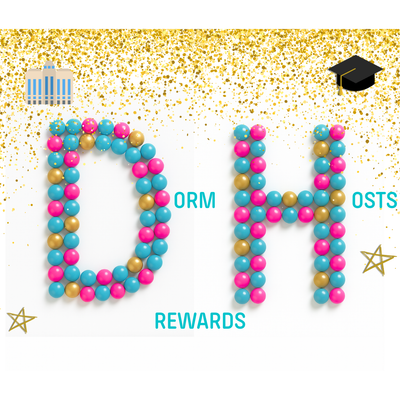 Decorative text 'DORM HOSTS REWARDS' made of colourful sweets on a gold confetti background. It’s Sugar Rewards + Ambassador ladder: Sugar Stash → Campus Crew → Dorm Hosts