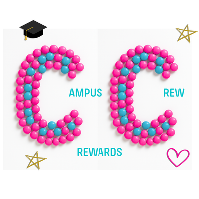 Two letter 'C' shaped objects made of pink and blue sweets with text "Campus" "Crew" Rewards and decorative elements on a white background. It’s Sugar Rewards + Ambassador ladder: Sugar Stash → Campus Crew