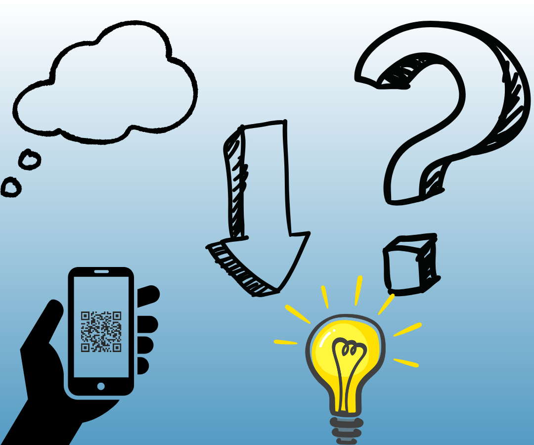 Illustration of a hand holding a phone with a QR code, a thought bubble, an arrow, a question mark, and a light bulb on a blue background.