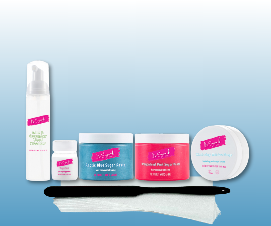 Set of It's Sugar! Sugar Fix Kit skincare products with a blue background