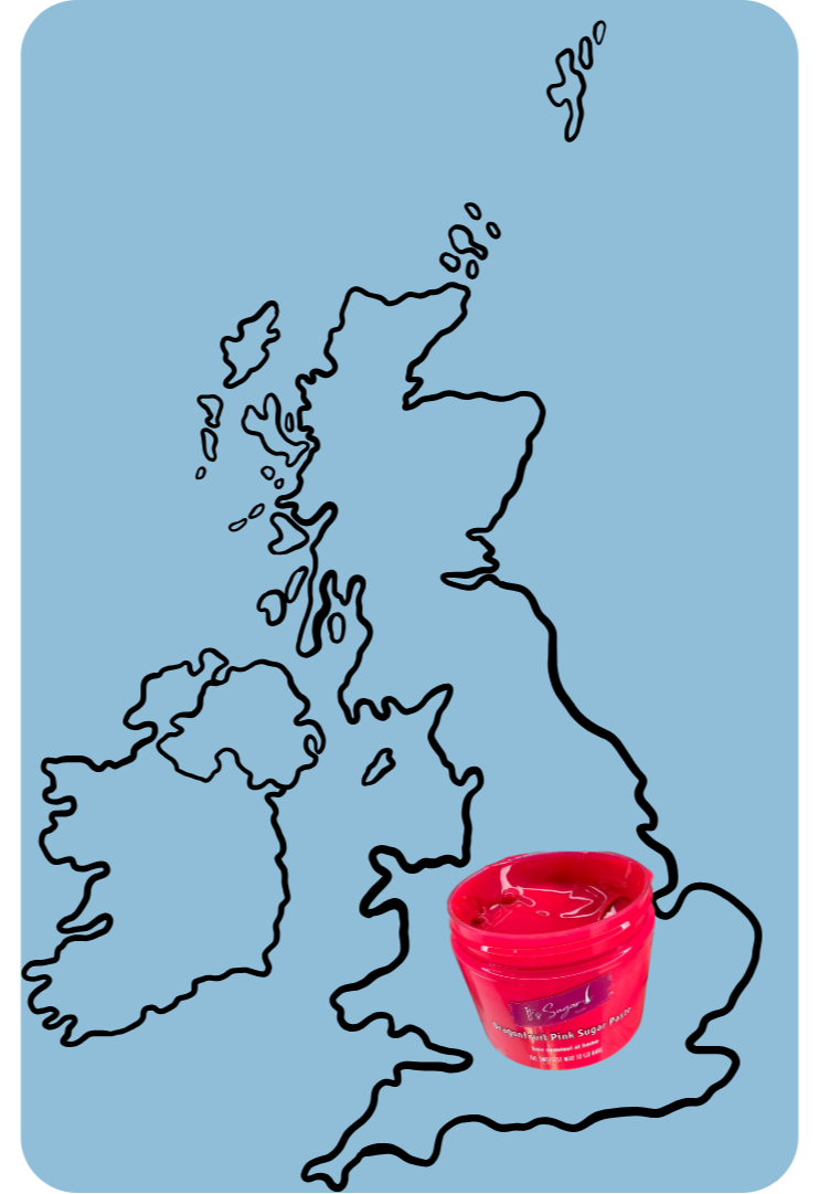 Outline of the United Kingdom on a blue background with It's Sugar! Dragonfruit Pink Sugar Paste inside the outline.