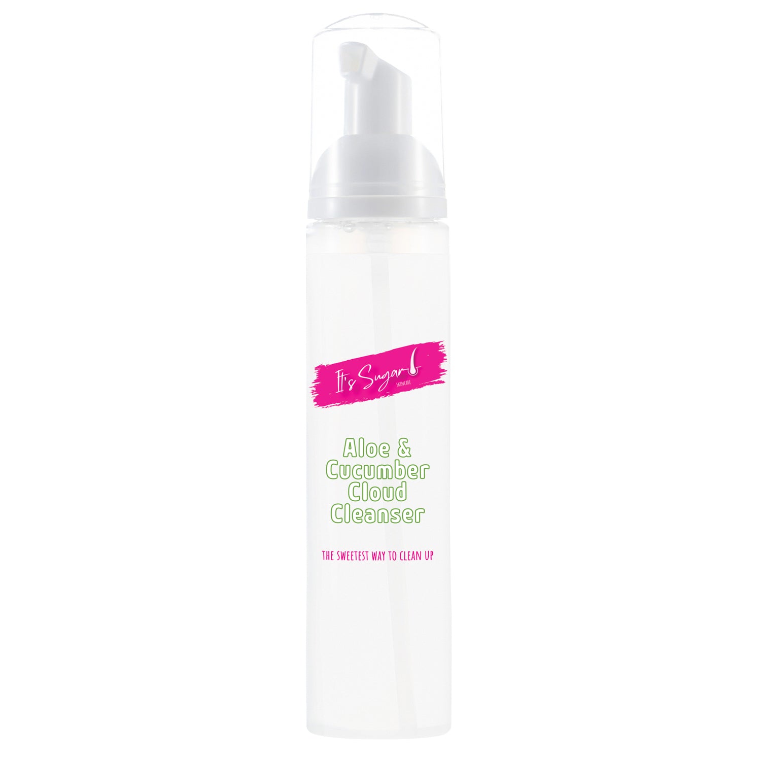Aloe & Cucumber Cloud Cleanser from It's Sugar! in a clear, pump-style bottle featuring bold pink branding and playful green text, labelled 'The Sweetest Way to Clean Up'.