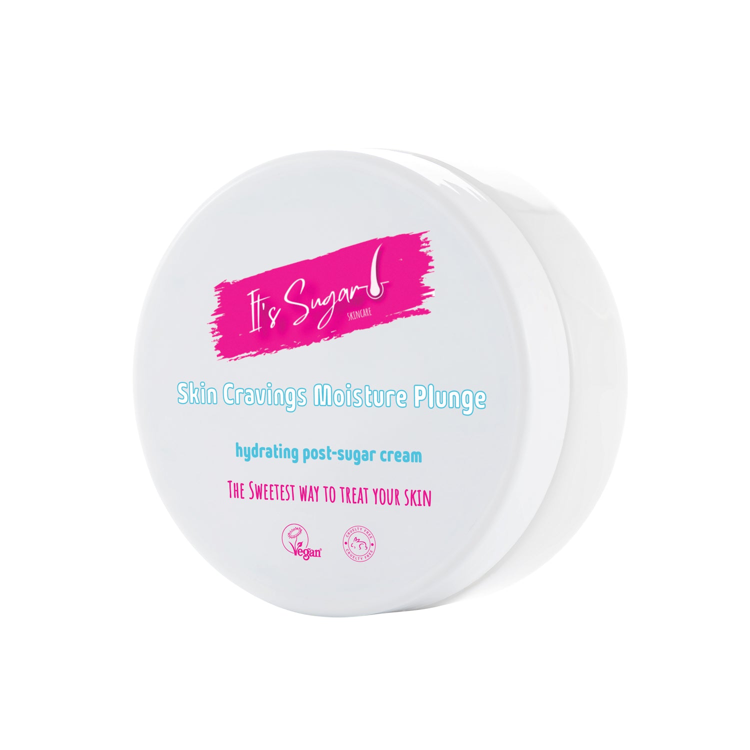 White container of 'It's Sugar' Skin Cravings Moisture Plunge skin care product on a white background