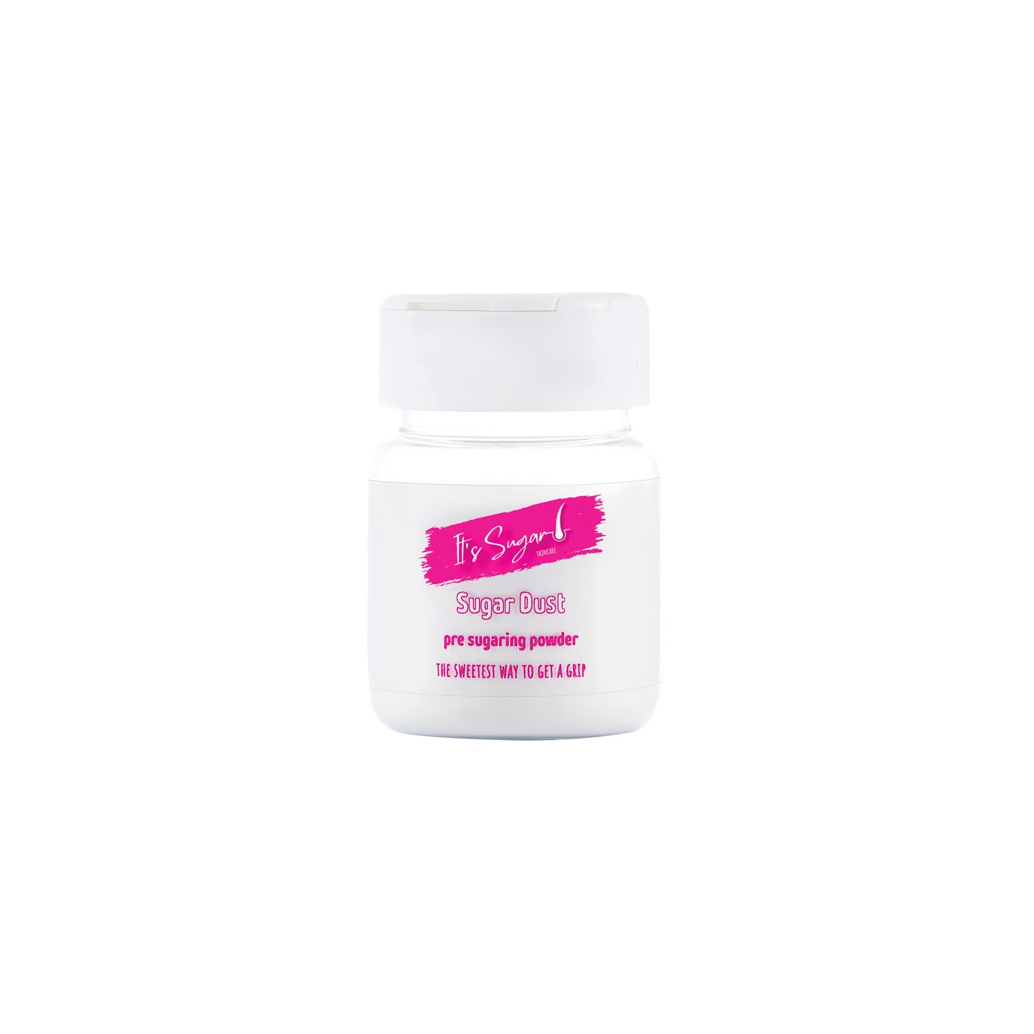 Jar of Sugar Dust body powder, with a pink label on a white background