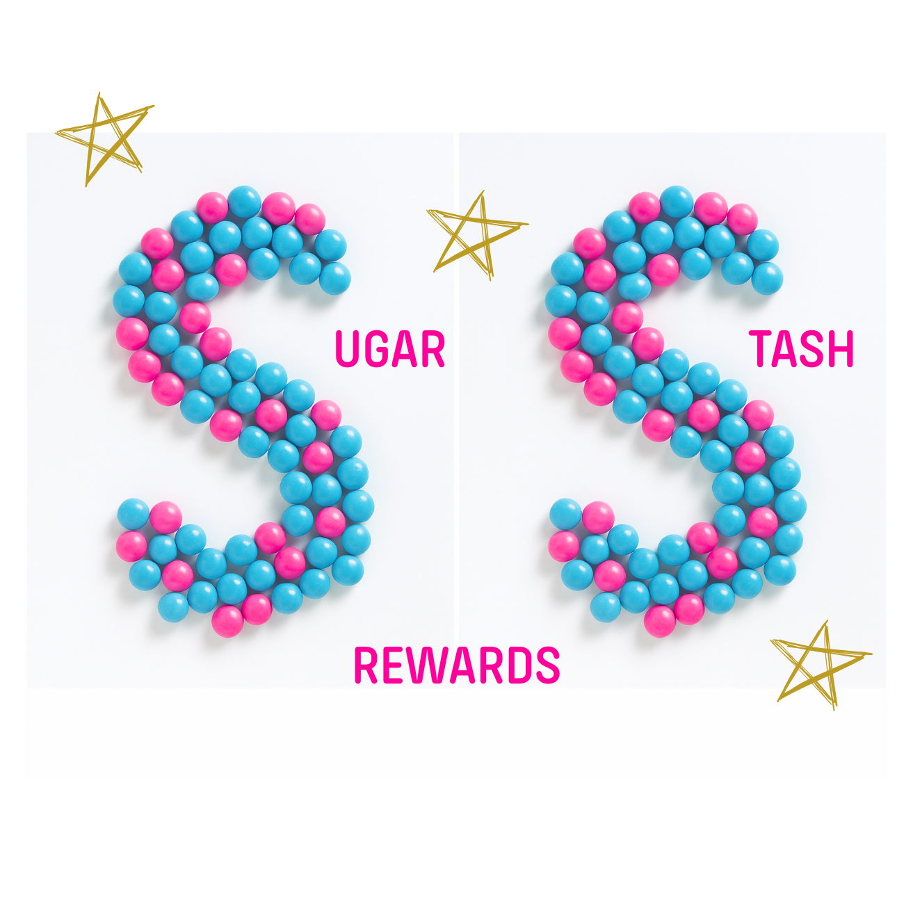 Two letter 'S' shapes made of blue and pink sweets with 'Sugar', 'Stash', and 'Rewards' text on a white background. It’s Sugar Rewards + Ambassador ladder: Step 1 Sugar Stash