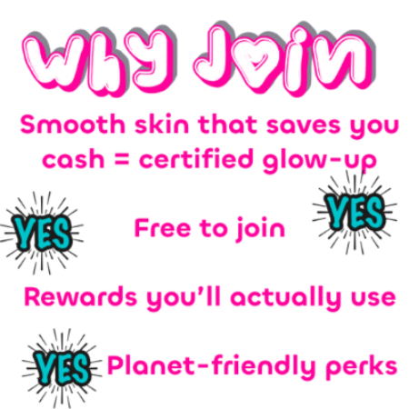 Info on joining the Sugar Stash rewards. White background. Pink text with Blue Yes icons